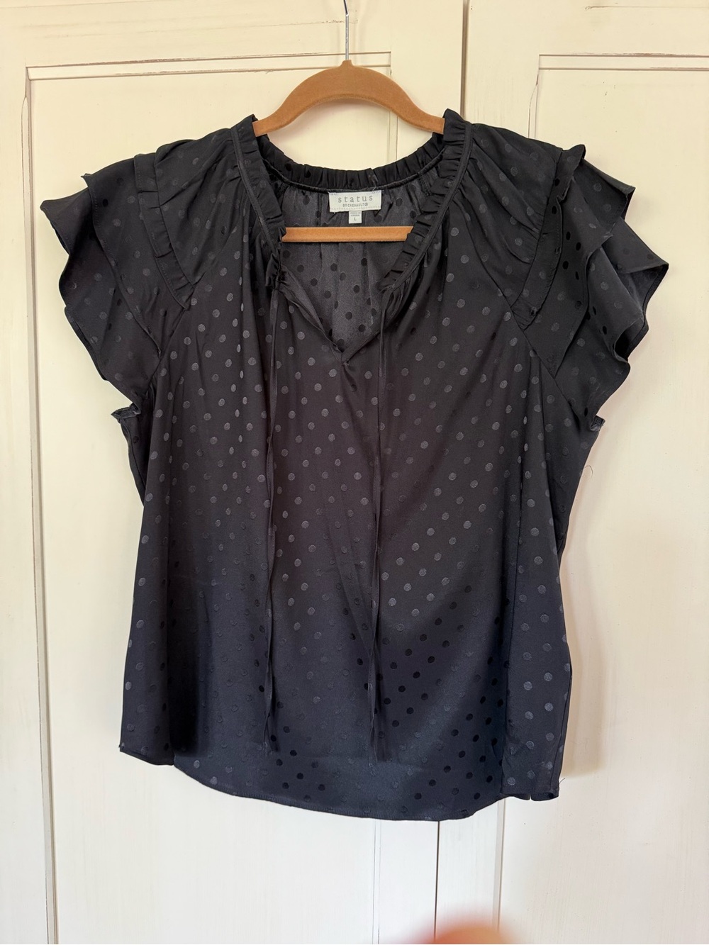 Status By Chennault Sleeveless Ruffle Dot Blouse in Black